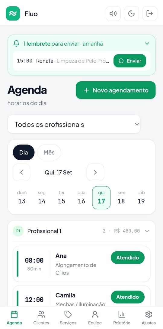 Lembrete de horário pronto para enviar no Fluo Agenda